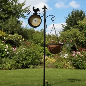 Cockerel Design Garden Clock and Thermometer with Hanging Basket