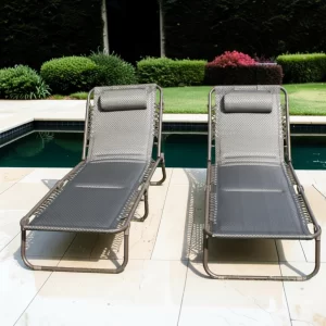 Luxury Padded Lay Flat Garden Sun Loungers Brown (Set of 2)