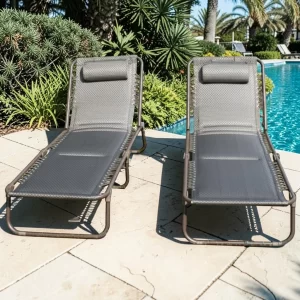 Luxury Padded Lay Flat Garden Sun Loungers Brown (Set of 2) gallery 1